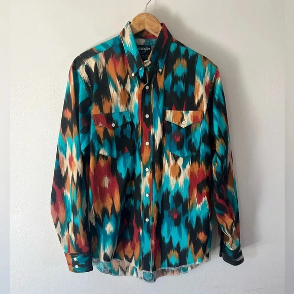 Wrangler Vintage Western Abstract Pattern Cowboy Fit Collared Button-Up Shirt - Picture 1 of 8